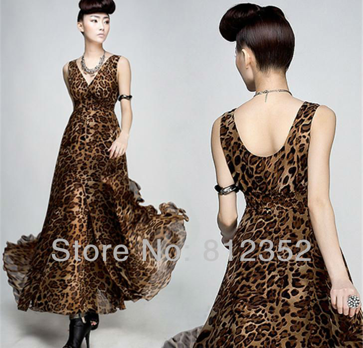 2013 spring summner new korean fashion stylish low cut backless leopard silk chiffon long bohemina BOHO beach top dresses women