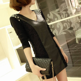 2013 spring sweet elegant dresses slim hip leather skirt casual slim patchwork basic one-piece dress female