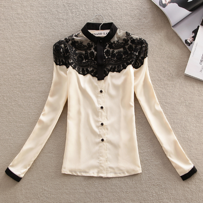 2013 spring sweet gentlewomen - patchwork stand collar button straight shirt chiffon shirt female