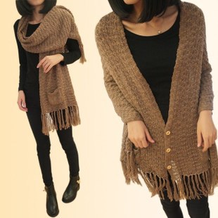 2013 spring tassel pocket scarf two ways all-match cape women's sweater cardigan