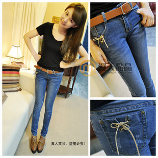 2013 spring tight lacing elastic jeans skinny pants pencil pants female mushroom women's