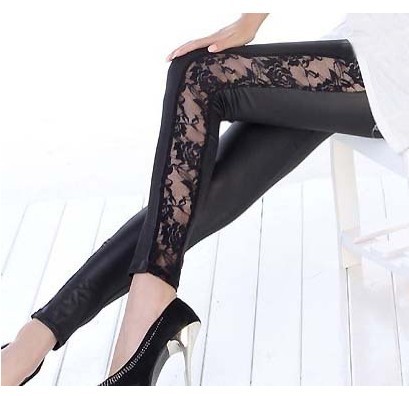 2013 spring trousers vintage lace patchwork faux leather legging female ankle length trousers plus size