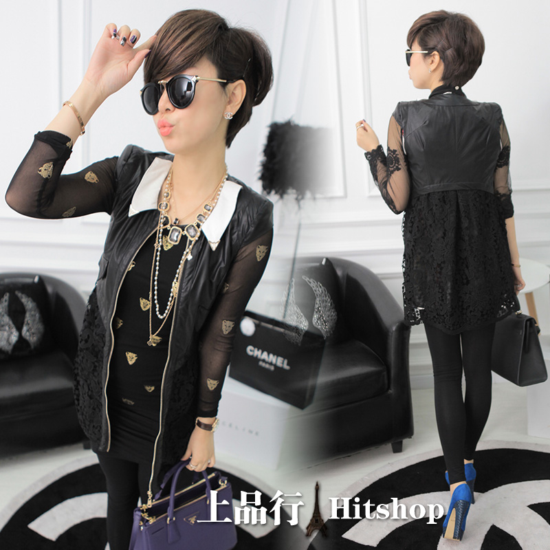 2013 spring turn-down collar leather cutout sweep lace vest outerwear