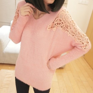 2013 spring V-neck pullover knitted sweater loose batwing sleeve lace cutout slim outerwear