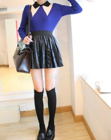 2013 spring vc all-match vintage black pleated leather skirt