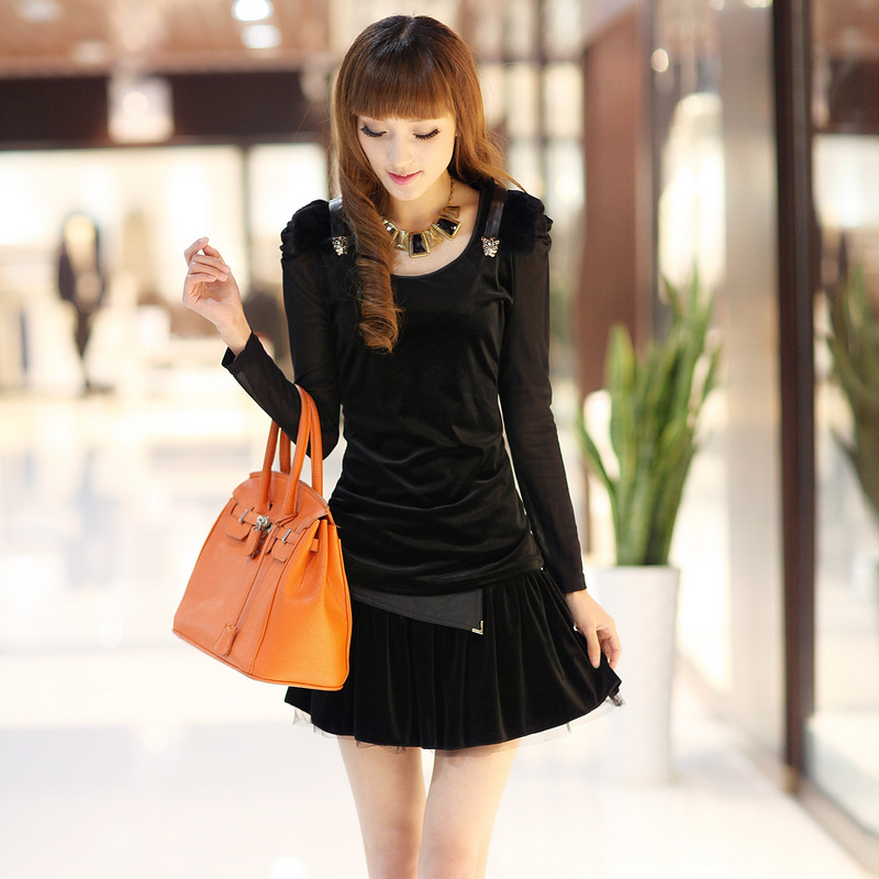 2013 spring velvet short skirt slim elegant women's skirt patchwork leather plus size gentlewomen basic skirt