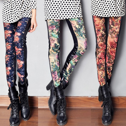 2013 spring vintage elegant flower faux leather patchwork slim female skinny legging pants boot cut jeans