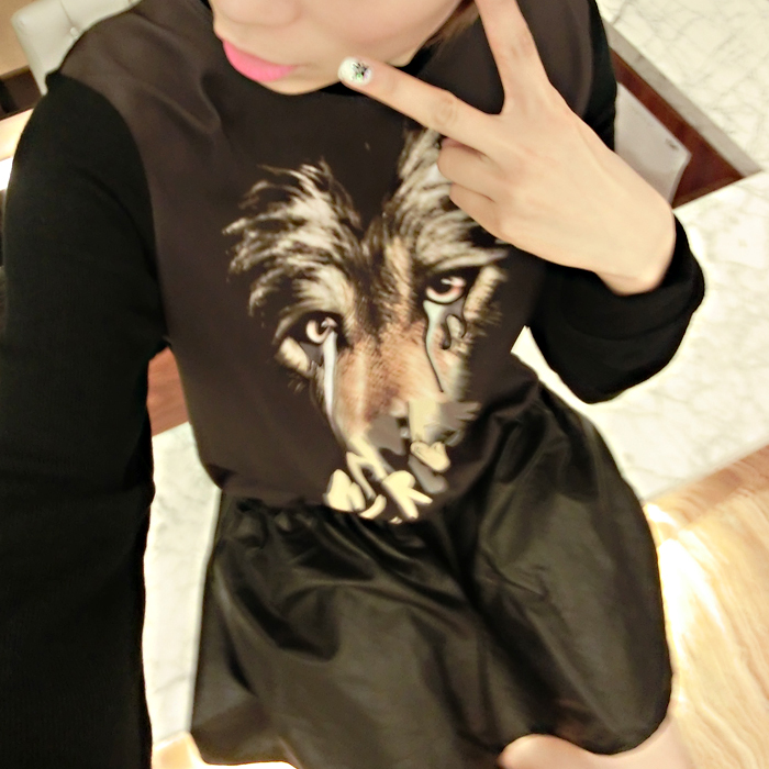 2013 spring vintage fashion tiger head o-neck casual sweatshirt patchwork leather short skirt one-piece dress