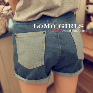 2013 spring vintage high waist loose roll-up hem denim shorts personalized back pocket shorts female