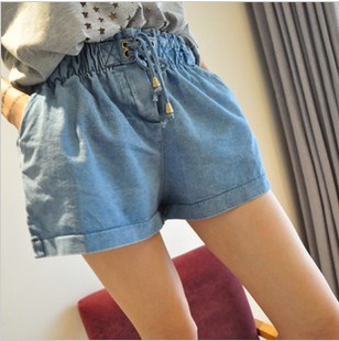 2013 spring vintage lacing loose high waist denim shorts pants