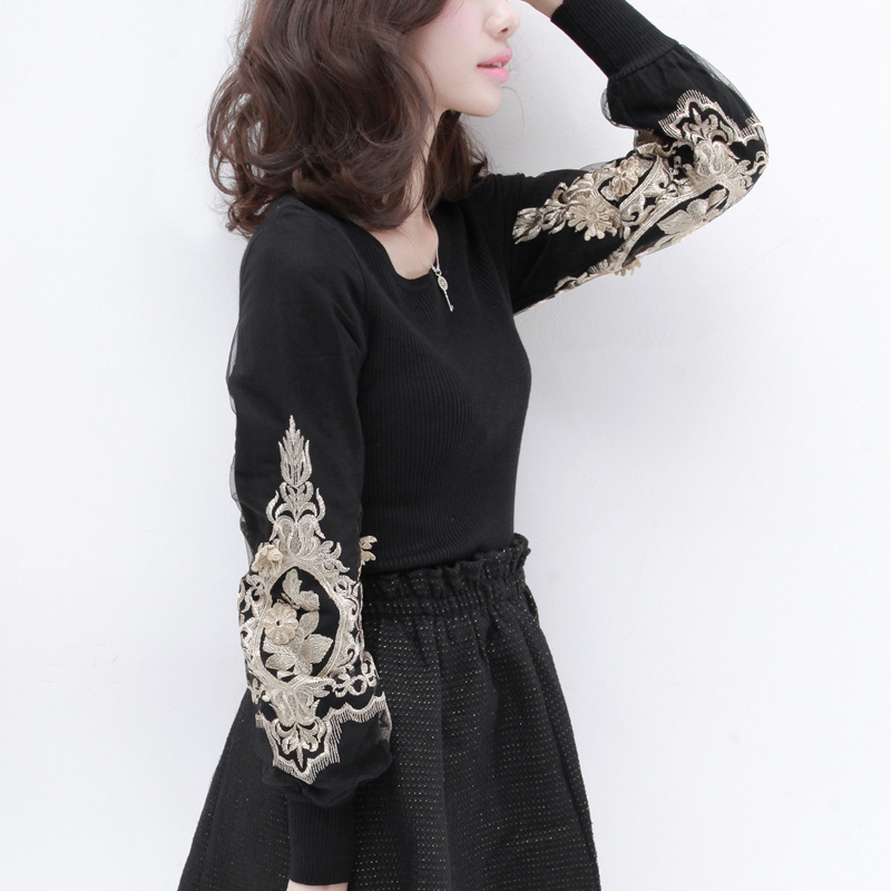 2013 spring vintage lantern sleeve slim lace knitted basic shirt basic sweater female ad255