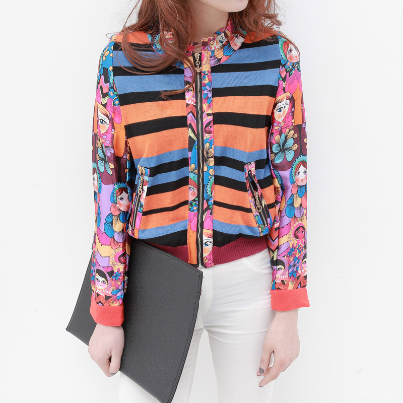 2013 spring vintage print o-neck stripe patchwork short design cardigan outerwear female ac833