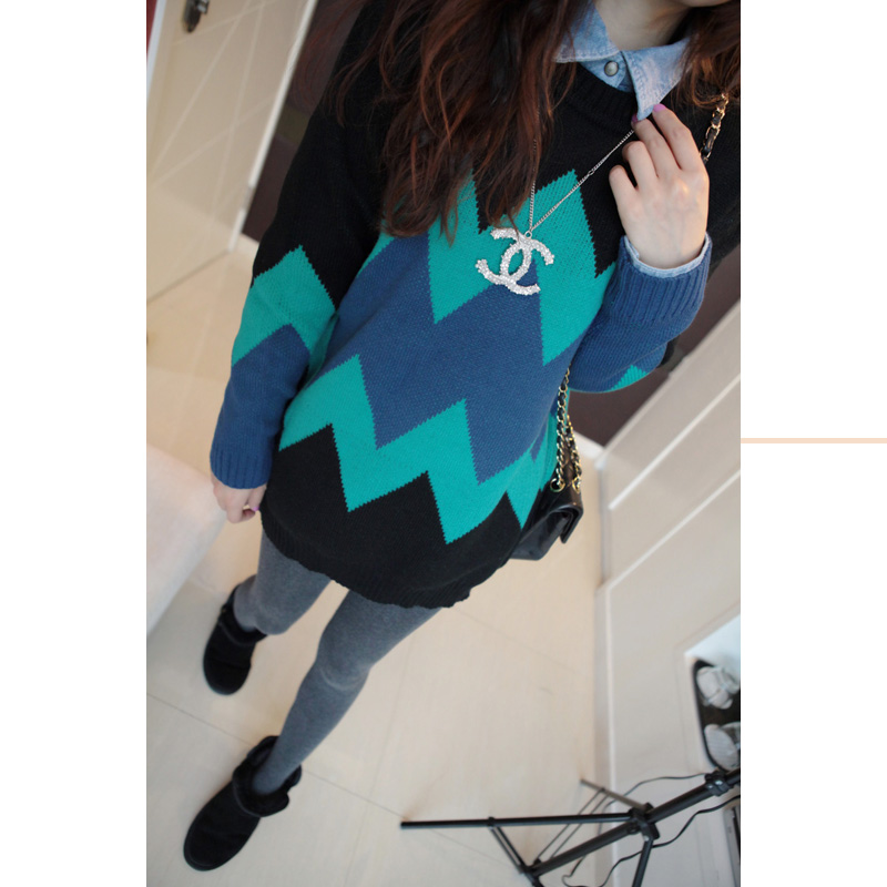 2013 spring vintage wave long-sleeve o-neck medium-long loose sweater outerwear