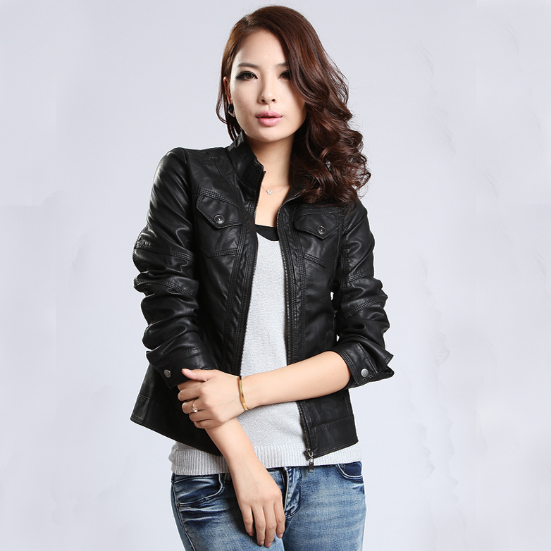 2013 spring water wash PU leather jacket women outerwear women's stand collar slim short design small leather clothing