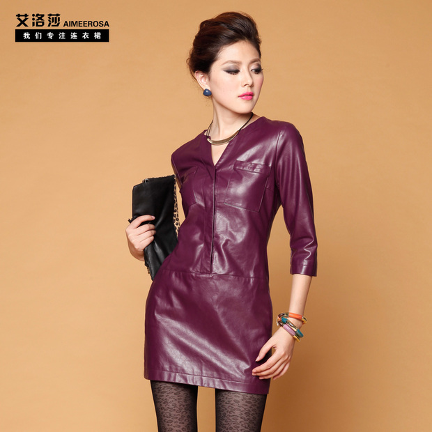 2013 spring water wash PU one-piece fashion dress half sleeve slim female leather skirt