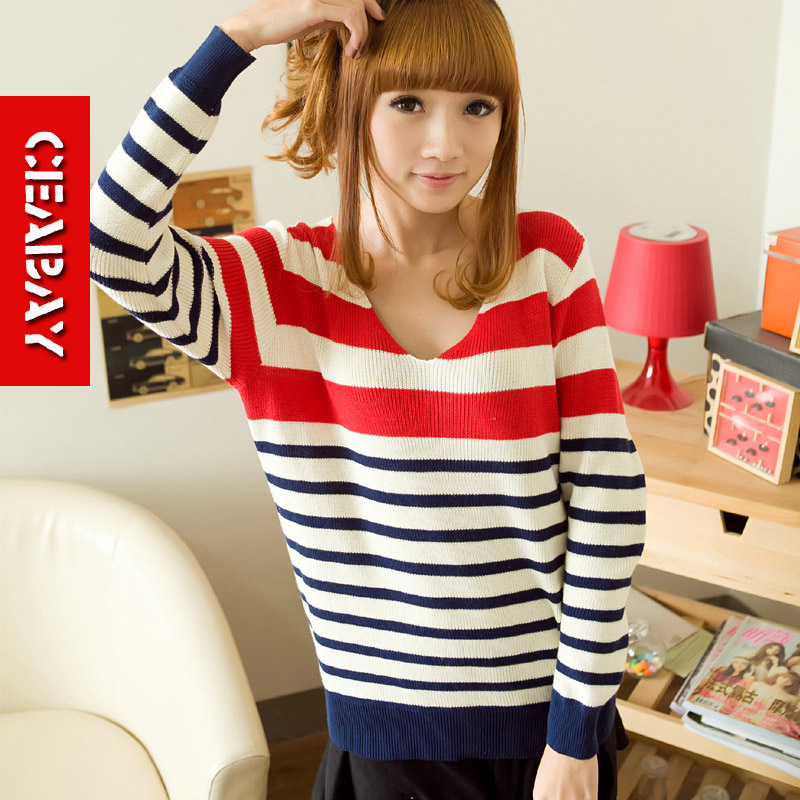 2013 spring winter small fresh mushroom honey sisters equipment deep v neck slim stripe knitted sweater