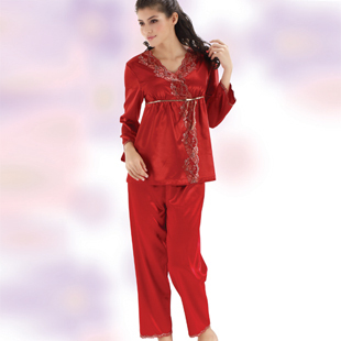 2013 spring winter solid red women's ladies 2 pc long-sleeve sleepwear pajamas sets silk satin sexy embroidery top lounge pants