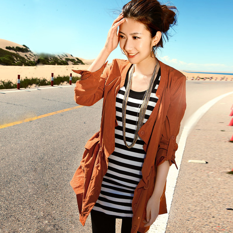 2013 spring Women double large pocket drawstring waist trench outerwear trench female w3068