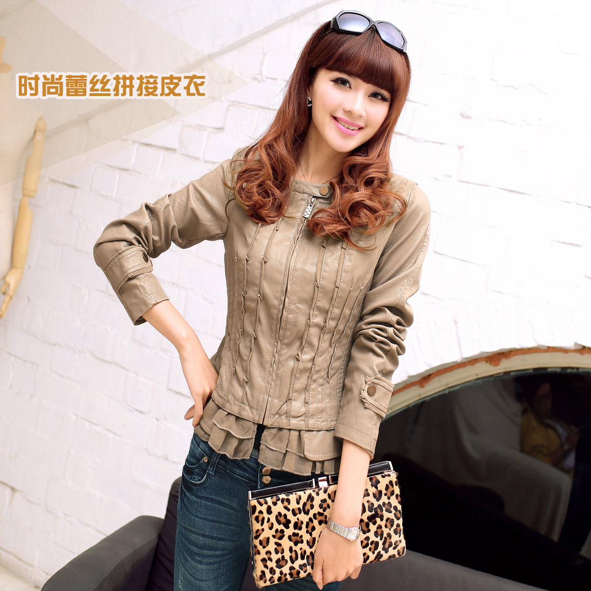 2013 spring women's 0831 chiffon patchwork PU small leather clothing l