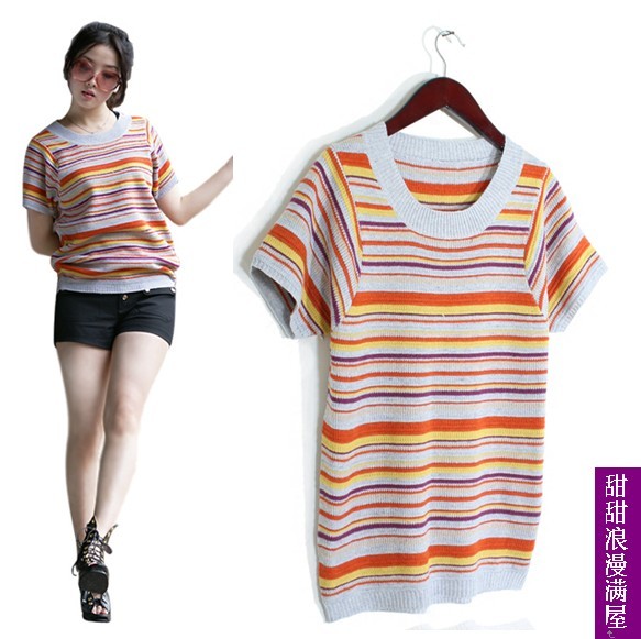 2013 spring women's 22366 color block decoration stripe o-neck short-sleeve sweater