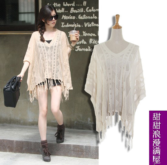 2013 spring women's 24053 cutout tassel thin sweater cape outerwear shirt