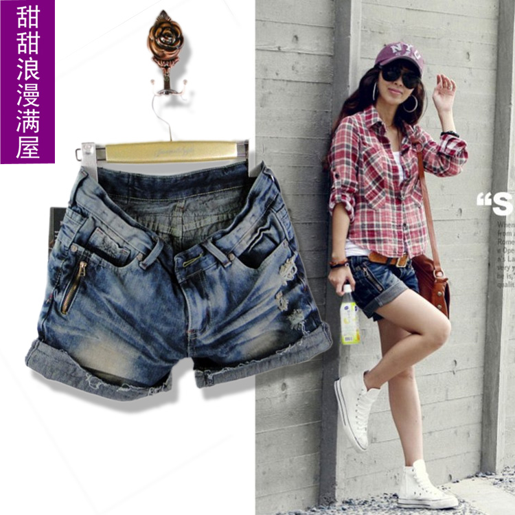 2013 spring women's 308 cool zipper retro finishing blue denim shorts