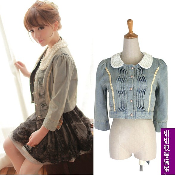 2013 spring women's 3711801 pearl peter pan collar water wash slim short design denim coat