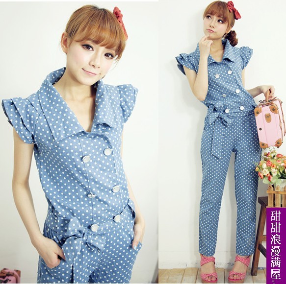 2013 spring women's 3781216 polka dot double breasted denim jumpsuit trousers