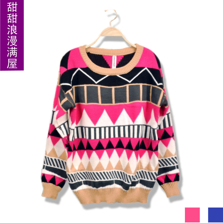 2013 spring women's 852902 casual preppy style rhombus geometry chart loose sweater outerwear