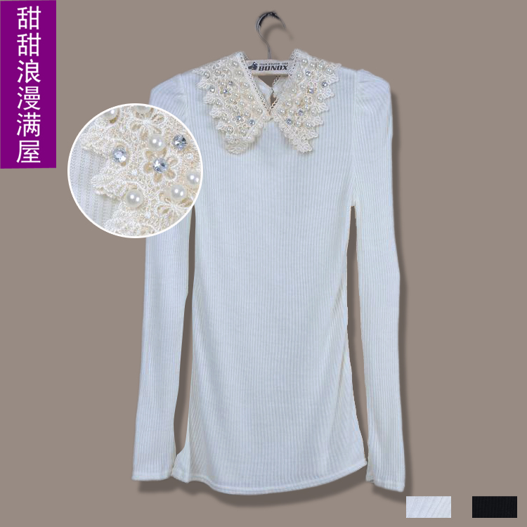 2013 spring women's 863851 sweet princess slim all-match beading peter pan collar knitted basic shirt