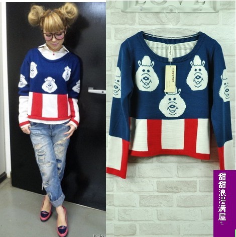 2013 spring women's 8811606 flag bear loose short design sweater high quality