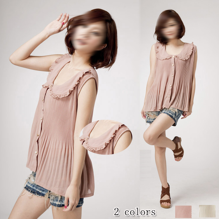 2013 spring women's 899429 sweet ruffle collar pleated sleeveless chiffon shirt