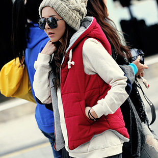 2013 spring women's all-match curviplanar solid color cotton-padded with a hood vest vest 8156