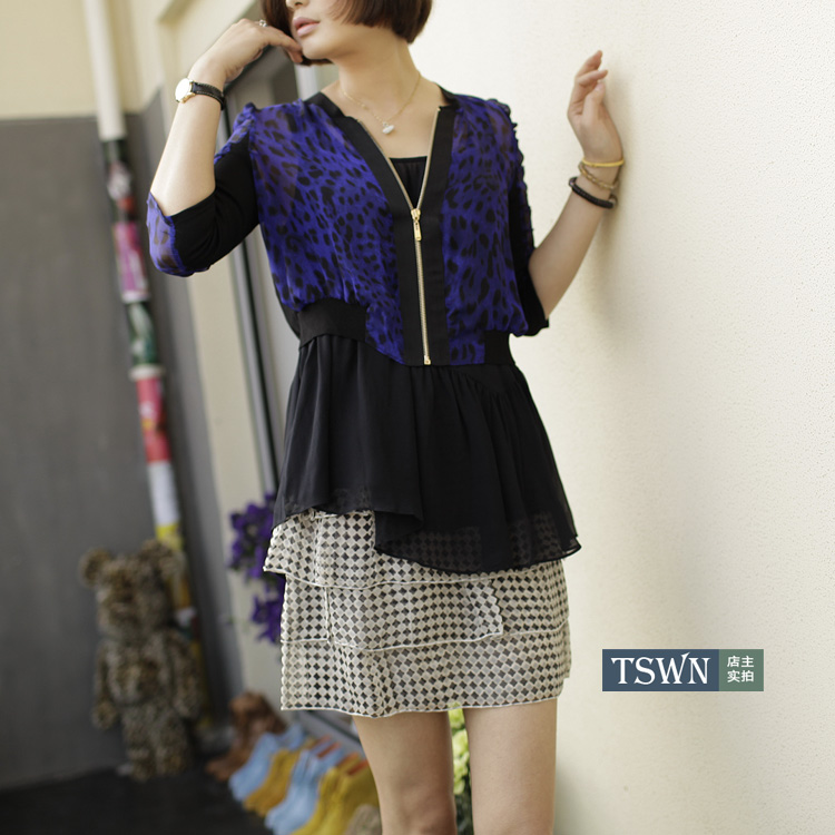 2013 spring women's all-match fashion leopard print half sleeve sunscreen slim female short jacket