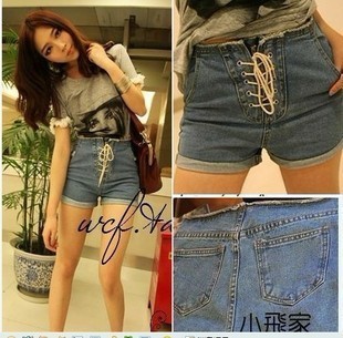 2013 spring women's all-match loose drawstring hem roll-up lacing high waist denim shorts female shorts