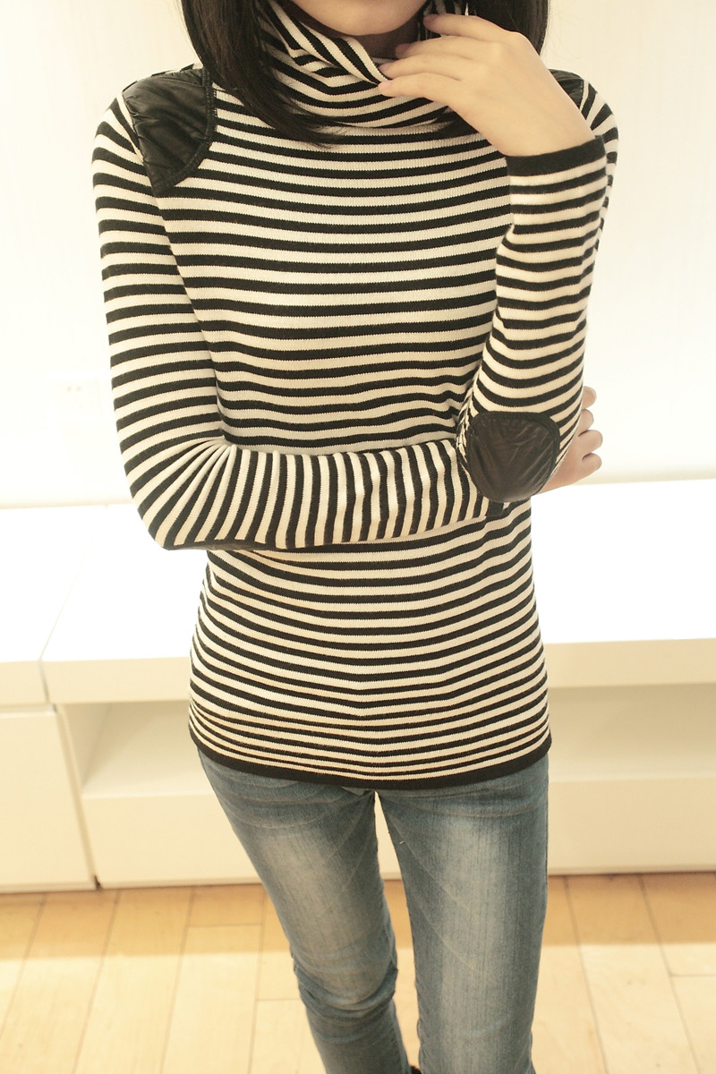 2013 spring women's all-match stripe sweater long-sleeve heap turtleneck sweater slim basic shirt Free Shipping