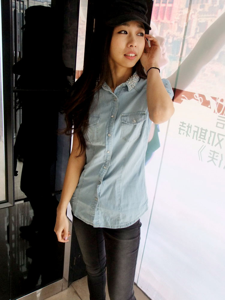 2013 spring women's beaded wearing white light color thin denim short-sleeve new arrival shirt