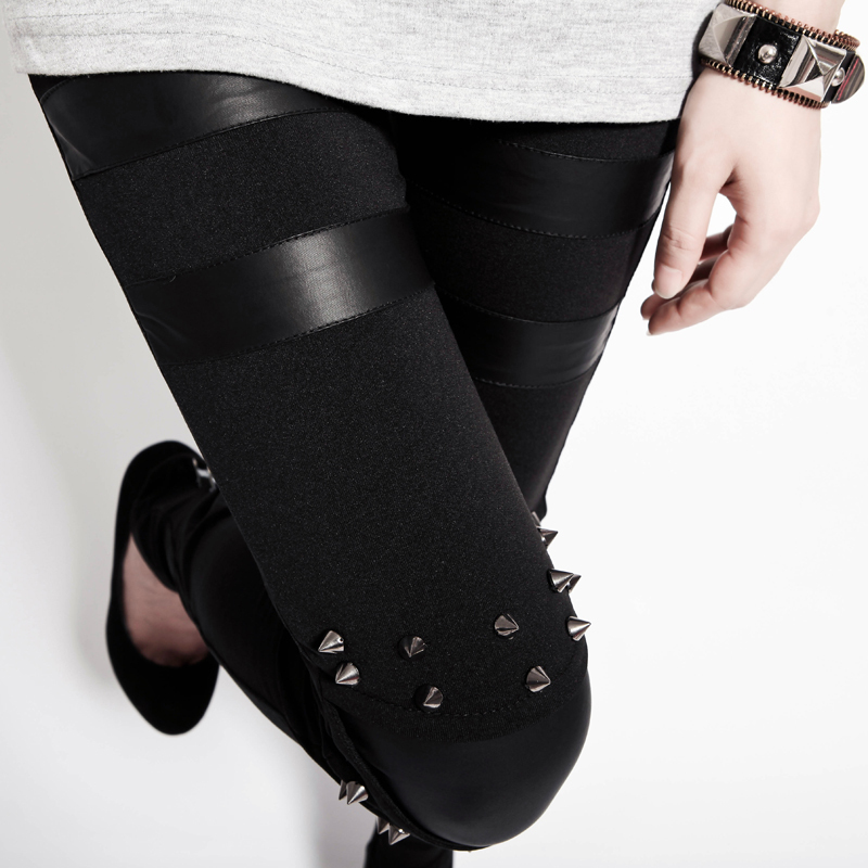 2013 spring women's black faux leather patchwork rivets personalized female ankle length legging