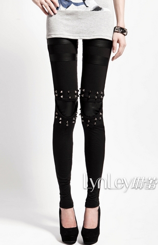 2013 spring women's black faux leather patchwork rivets personalized female ankle length leggings