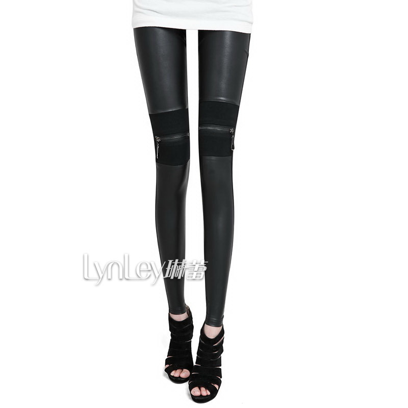 2013 spring women's black faux leather patchwork zipper slim ankle length leggings