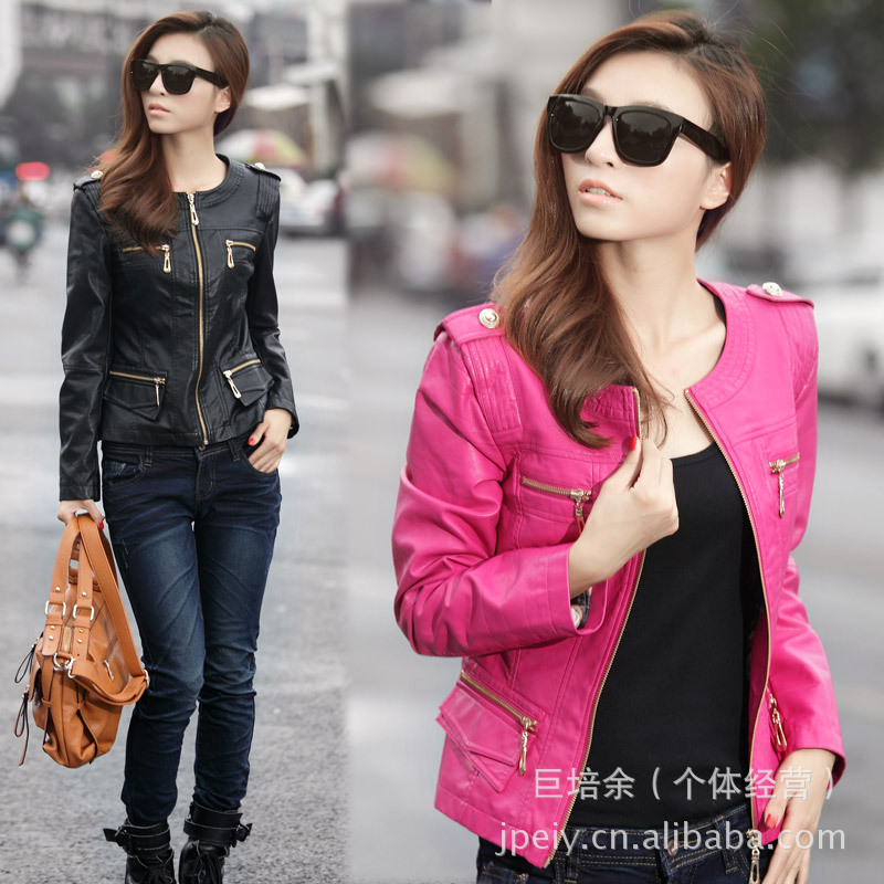 2013 spring women's boutique solid color o-neck zipper PU trend long-sleeve leather clothing short jacket 023250812