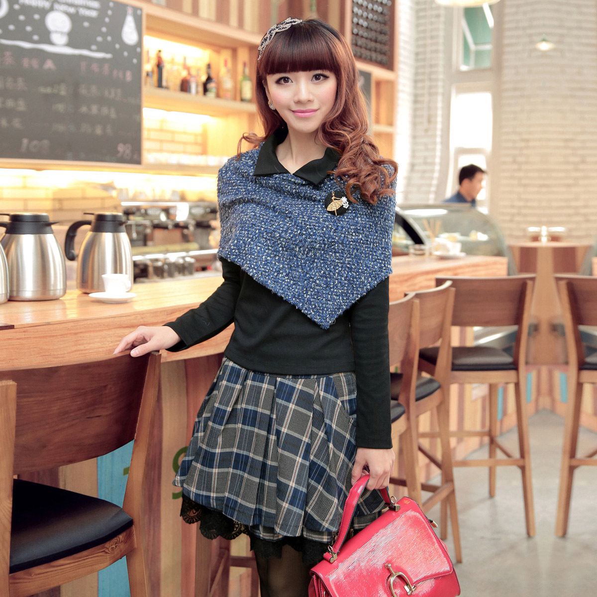 2013 spring women's cape plaid career dress set skirt piece set dresses corsage