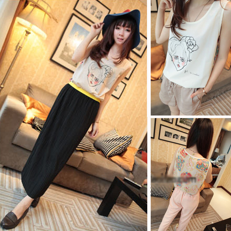 2013 spring women's cartoon print basic top fashion slim short-sleeve chiffon shirt