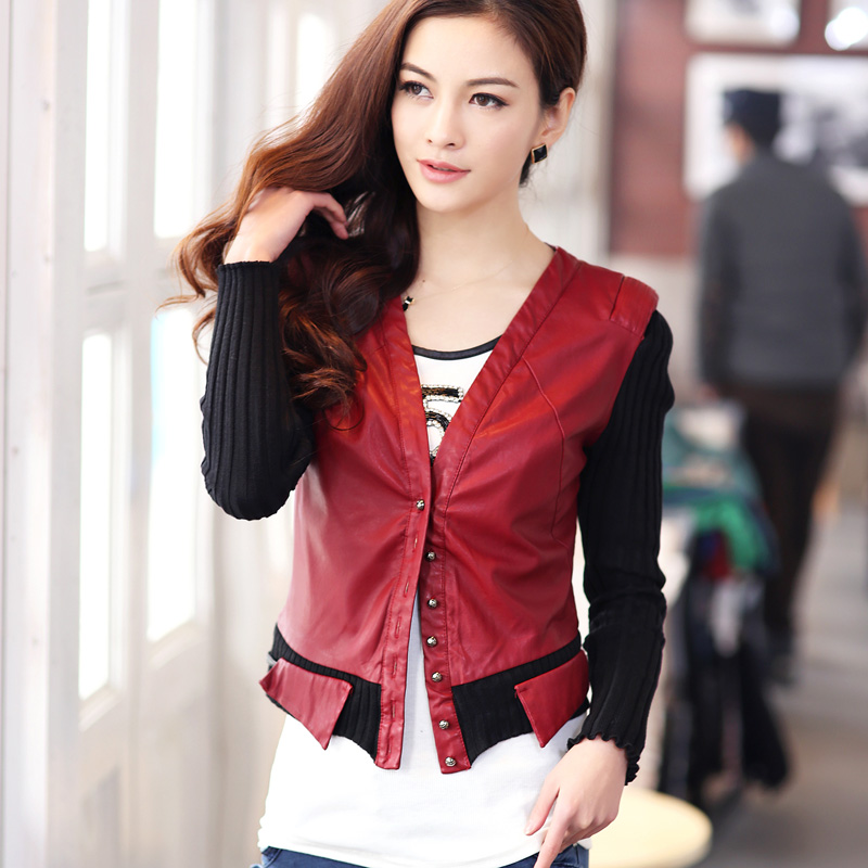 2013 spring women's chiffon knitted long-sleeve slim V-neck buttons slim small leather clothing outerwear