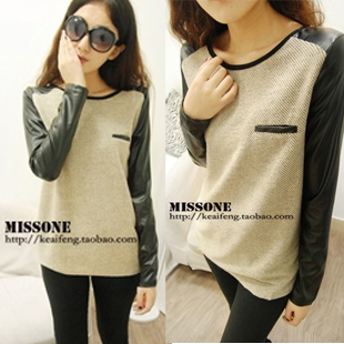 2013 spring women's clothes personality slim faux leather patchwork o-neck long-sleeve basic t-shirt