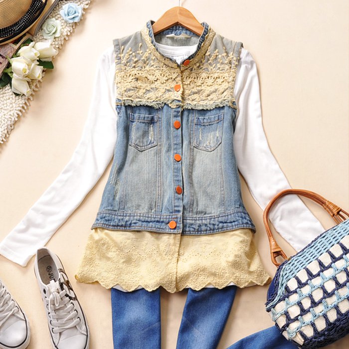 2013 spring women's crochet patchwork casual denim vest female fashion vest 302m479