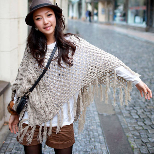 2013 spring women's cutout tassel cloak sweater outerwear cape sweater female