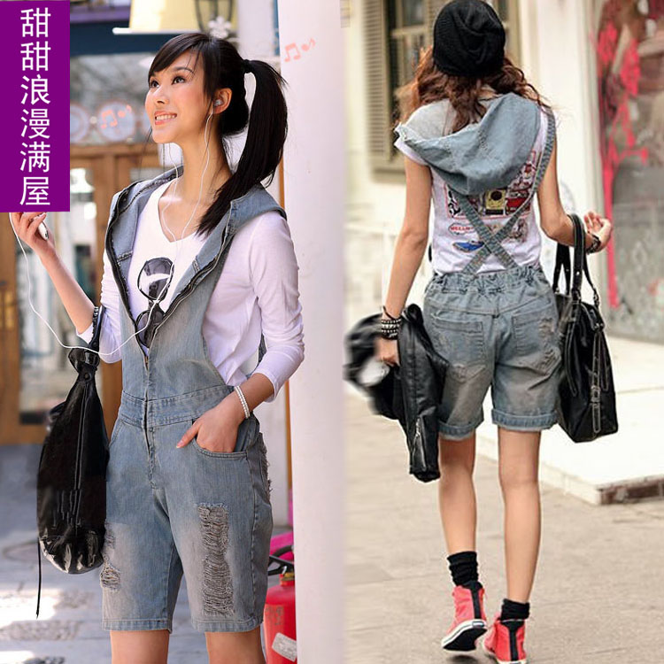 2013 spring women's denim suspenders one piece shorts denim shorts d9809