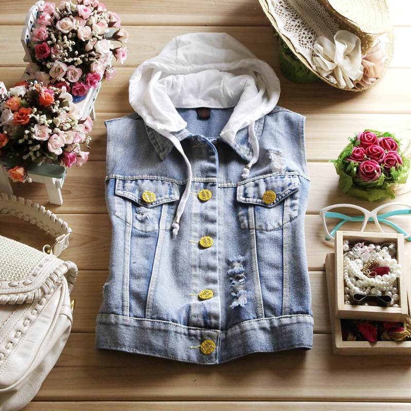 2013 spring women's denim top vest single breasted sleeveless vest detachable cap