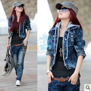 2013 spring women's distrressed design short slim long-sleeve casual with a hood denim coat